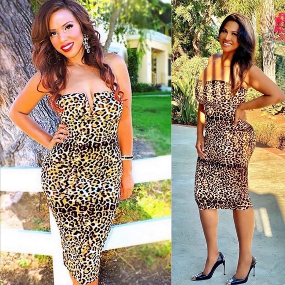 Leopard Print Stretchy Strapless Retro Pinup Bodycon Dress Sexy Party Cocktail - Picture 5 of 8